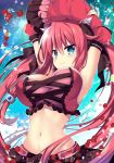  &gt;:&gt; armpits belly blue_eyes blush breasts cleavage commentary_request day detached_sleeves eyebrows_visible_through_hair hair_between_eyes hair_ornament hands_above_head highres large_breasts light_rays looking_at_viewer navel outdoors petals red_hair ringo_sui rose_(watashi_ga_anata_wo_mamoru_tame) skirt smile smug solo twintails watashi_ga_anata_wo_mamoru_tame 