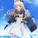  aiming blonde_hair blue_eyes blue_sailor_collar blue_sky cannon cloud cowboy_shot day dress eyebrows_visible_through_hair gloves hat highres jervis_(kantai_collection) kantai_collection long_hair looking_at_viewer open_mouth outdoors ponpu-chou rigging sailor_collar sailor_dress sailor_hat short_sleeves sky solo turret white_dress white_gloves white_hat 
