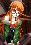  bangs black-framed_eyewear black_legwear blunt_bangs brown_eyes brown_hair collarbone fur_trim glasses green_jacket head_tilt headphones indian_style jacket long_hair morgana_(persona_5) natsuzakura_yuuki open_clothes open_jacket persona persona_5 sakura_futaba sitting smile thighhighs very_long_hair 