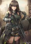  arm_strap armor armpits assault_rifle asymmetrical_legwear bandana bangs brown_eyes brown_hair case closed_mouth clothes_around_waist collarbone commentary cowboy_shot detached_sleeves elbow_pads eyebrows_visible_through_hair gauntlets girls_frontline gloves gun hair_between_eyes hand_in_hair headset highres hiroki_ree holding holding_gun holding_strap holding_weapon jacket_around_waist long_hair looking_at_viewer m4_carbine m4a1_(girls_frontline) magazine_(weapon) mod3_(girls_frontline) multicolored_hair pouch ribbed_legwear ribbed_sweater rifle scope sidelocks signature simple_background single_thighhigh skindentation solo spec_ops_the_line strap streaked_hair sweater sweater_vest thigh_strap thighhighs thighs trigger_discipline weapon weapon_case white_background wind wind_lift 