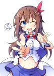 ;d bare_shoulders blue_eyes blue_skirt bow breasts brown_hair collared_shirt double_v eyebrows_visible_through_hair hair_bow hair_ornament hairclip highres long_hair looking_at_viewer medium_breasts midriff navel neck_ribbon one_eye_closed open_mouth red_ribbon ribbon shirt simple_background skirt sleeveless sleeveless_shirt smile solo tokino_sora tokino_sora_channel upper_body v virtual_youtuber white_background yuuhi_alpha 