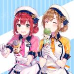  ^_^ alternate_hairstyle apron aqua_eyes bangs beret blue_ribbon blush brown_hair closed_eyes commentary_request double-breasted double_bun double_scoop eating flying_sweatdrops food gloves hat hat_ribbon highres ice_cream ice_cream_cone ice_cream_scoop kunikida_hanamaru kurosawa_ruby love_live! love_live!_sunshine!! multiple_girls name_tag necktie open_mouth pink_neckwear red_hair ribbon sash short_sleeves sidelocks star_hat_ornament striped striped_ribbon sudach_koppe tie_clip triple_scoop white_gloves yellow_neckwear 