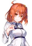  absurdres ahoge amamitsu_kousuke chaldea_uniform command_spell commentary_request fate/grand_order fate_(series) fujimaru_ritsuka_(female) hair_between_eyes hair_ornament hair_scrunchie hand_on_own_chest highres jacket one_side_up orange_eyes orange_hair scrunchie side_ponytail smile tattoo upper_body white_jacket yellow_scrunchie 
