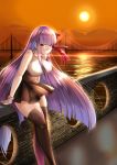  bare_shoulders bb_(fate)_(all) bb_(fate/extra_ccc) black_legwear black_skirt boots breasts bridge cloud eyebrows_visible_through_hair fate/extra fate/extra_ccc fate_(series) gloves hair_between_eyes high-waist_skirt highres large_breasts long_hair looking_at_viewer ocean outdoors purple_eyes purple_hair red_ribbon reflection ribbon sesield shirt sitting sitting_on_object skirt sleeveless sleeveless_shirt smile solo sun sunset thigh_boots thighhighs very_long_hair white_gloves zettai_ryouiki 
