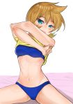  :3 arms_up bare_arms bed_sheet bikini blue_bikini blue_eyes blush breasts cameltoe closed_mouth commentary_request cosplay crossed_arms eyebrows_visible_through_hair gatchan gym_leader half-closed_eyes kasumi_(pokemon) lifted_by_self looking_at_viewer medium_breasts navel pinky_out pokemon pokemon_(anime) pokemon_(game) pokemon_hgss ribs seductive_smile shiny shiny_hair shiny_skin shirt shirt_lift short_hair short_sleeves simple_background sitting smile solo spread_legs stomach swimsuit swimsuit_under_clothes tsurime undressing white_background yellow_shirt 