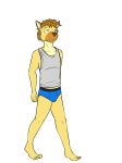  anthro barefoot bedhead blue_underwear briefs clothing fuze fuze_hyena gray_shirt male shirt simple_background solo tank_top teeth underwear white_background 