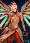  alternate_costume backlighting blonde_hair blue_background blue_eyes bodysuit breasts brown_bodysuit cowboy_shot dual_wielding faulds fortune_mercy glowing glowing_wings green_wings gun handgun high_ponytail highres holding holding_gun holding_staff holding_weapon light_particles lips looking_at_viewer mechanical_halo mechanical_wings medium_breasts mercy_(overwatch) nose overwatch pantyhose pelvic_curtain pistol randgris red_legwear solo staff weapon wings 