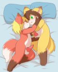  animal_genitalia animal_penis balls blonde_hair blush brown_hair canine_penis cub duo erection fur green_eyes hair male male/male mammal orange_fur penis pillow takehkun white_fur yellow_eyes yellow_fur young 