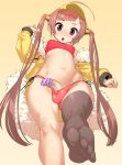  ahoge ass_visible_through_thighs azur_lane bangs bare_shoulders bikini black_legwear blunt_bangs blush breasts brown_hair censored chestnut_mouth clenched_hand commentary_request erection eyebrows_visible_through_hair feet fingernails from_below fur-trimmed_jacket fur_trim furrowed_eyebrows futanari groin hair_ornament hand_up highres jacket long_hair long_sleeves looking_at_viewer looking_down navel no_shoes nose_blush open_mouth orange_background penis penis_in_swimsuit ping_hai_(azur_lane) pov_feet red_bikini red_eyes shiny shiny_clothes shiny_hair side-tie_bikini simple_background single_thighhigh small_breasts soles solo standing standing_on_one_leg swimsuit testicles thighhighs toes tomoyuki_kotani twintails v-shaped_eyebrows very_long_hair visor_cap yellow_jacket 