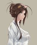  ascot bangs braid breasts brown_hair closed_mouth commentary eyebrows_visible_through_hair eyes_visible_through_hair french_braid from_side girls_frontline green_eyes hair_between_eyes hair_ornament lee-enfield_(girls_frontline) long_hair long_sleeves looking_at_viewer profile shirt sidelocks simple_background solo tamatabe white_shirt 