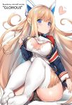  :o arm_up azur_lane bangs big_hair black_panties blonde_hair blue_eyes blue_jacket blush breasts breasts_apart character_name cisyo commentary_request eyebrows_visible_through_hair glorious_(azur_lane) hair_between_eyes headgear heart jacket large_breasts long_hair long_sleeves looking_at_viewer no_shoes panties parted_lips sidelocks sitting solo thighhighs underwear very_long_hair white_legwear 