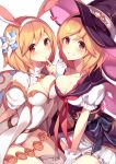  2girls :d animal_ears arm_support bangs between_legs black_hairband black_hat blonde_hair blush breast_press breasts brown_eyes bunny_ears cape cleavage closed_mouth collarbone djeeta_(granblue_fantasy) dual_persona eyebrows_visible_through_hair fake_animal_ears finger_to_mouth frilled_sleeves frills gloves granblue_fantasy grey_legwear grin hairband hand_up hat head_tilt heart highres homaderi leotard looking_at_viewer medium_breasts miniskirt multiple_girls open_mouth pleated_skirt puffy_short_sleeves puffy_sleeves red_neckwear sage_(granblue_fantasy) short_hair short_sleeves single_thighhigh skindentation skirt smile symmetrical_docking teeth thighhighs thighs warlock_(granblue_fantasy) white_cape white_gloves white_hairband white_leotard white_skirt witch_hat 