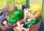  :&lt; akatsuki_kirika blonde_hair blush breasts chair character_doll collarbone desk doll glasses green-framed_eyewear green_eyes hair_ornament highres hood hoodie kokona_g looking_at_viewer medium_breasts needle pincushion senki_zesshou_symphogear sewing sewing_machine short_hair sitting smile solo spool stuffed_toy teeth thread tongue triangle_mouth tsukuyomi_shirabe x_hair_ornament 