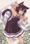  animal_ears armpits bracelet brown_dress brown_hair cat_ears character_request commentary copyright_request cropped_legs dark_skin dress fang grey_eyes hair_ornament hairclip highres jewelry kaginoni leaning_forward open_mouth paw_pose plant sleeveless sleeveless_dress solo spaghetti_strap 