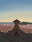  anthro brown_fur brown_hair canine city clothing dog fur hair mammal scarf shirt shorts sitting sunset t-shirt takehkun 