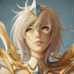  2018 artist_name bangs blonde_hair blue_eyes blue_hair closed_mouth commentary elementalist_lux english_commentary floating_hair gem gradient_hair hair_between_eyes league_of_legends light_elementalist_lux lips looking_away looking_up luxanna_crownguard multicolored_hair nose pink_hair portrait realistic sciamano240 short_hair signature solo tiara 