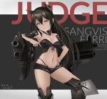  ark_john_up bangs black_hair black_shorts blush boots breasts character_name choker cleavage closed_mouth collarbone commentary crossed_bangs dated elbow_rest eyebrows_visible_through_hair front-tie_top frown girls_frontline hair_between_eyes head_tilt headgear highleg judge_(girls_frontline) long_hair looking_at_viewer medium_breasts navel panties sangvis_ferri shorts sidelocks signature solo thigh_boots thighhighs underwear yellow_eyes 
