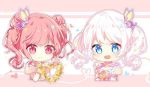  :d alternate_hairstyle bang_dream! bangs blue_eyes bouquet butterfly_hair_ornament chibi cropped_torso double_bun flower hair_ornament hand_up heart holding jpeg_artifacts maruyama_aya multiple_girls open_mouth pink_eyes pink_hair short_sleeves smile taya_5323203 twintails upper_body wakamiya_eve white_hair wreath 