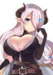  absurdres bare_shoulders belt belt_buckle black_dress black_gloves blue_eyes blush breasts brown_belt buckle cleavage closed_mouth commentary_request curled_horns draph dress elbow_gloves gloves granblue_fantasy hair_ornament hair_over_one_eye hand_up highres horns large_breasts long_hair looking_at_viewer narmaya_(granblue_fantasy) natsu_(sinker8c) pointy_ears silver_hair simple_background solo very_long_hair white_background 