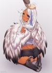  1girl :o artist_name ass bare_shoulders belt black_belt black_shorts blue_eyes blue_hair blush borrowed_character claws commission dark_skin eliana_(mgl139) feathered_wings from_behind full_body gradient_wings grey_background hair_over_shoulder harpy heterochromia highres iwbitu-sa long_hair looking_at_viewer looking_back micro_shorts midriff monster_girl multicolored multicolored_hair multicolored_wings nose_blush original petting seiza short_shorts shorts sitting streaked_hair talons tank_top white_hair white_wings winged_arms wings yellow_eyes 