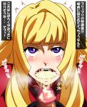  1girl :&gt;= absurdres after_fellatio bangs blonde_hair blunt_bangs blush censored clothed_female_nude_male crying cum cum_in_mouth cum_in_nose drooling gundam gundam_tekketsu_no_orphans hero_neisan hetero highres kudelia_aina_bernstein long_hair male_pubic_hair mosaic_censoring nose_bubble nude penis pubic_hair purple_eyes rolling_eyes snot stray_pubic_hair streaming_tears tears translation_request trembling 