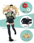  &gt;_&lt; alternate_costume annin_musou backpack bag black_bag black_hairband black_legwear black_shorts blonde_hair blue_eyes blush boots character_name commentary_request enemy_lifebuoy_(kantai_collection) escort_water_hime full_body gambier_bay_(kantai_collection) green_footwear green_shirt hair_between_eyes hairband highres kantai_collection keychain long_hair long_sleeves looking_to_the_side map_(object) open_mouth running shinkaisei-kan shirt shorts solo suspenders thighhighs translated twintails two-tone_background white_background 