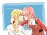  2girls black_ribbon blonde_hair blue_eyes character_name closed_mouth couple crossover darling_in_the_franxx eye_contact female hair_intakes half-closed_eyes highres horns imminent_kiss long_hair long_sleeves looking_at_another multiple_girls mutual_yuri neck open_mouth pink_hair red_uniform ribbon shirt uniform upper_body violet_evergarden violet_evergarden_(character) white_shirt yuri zero_two_(darling_in_the_franxx) 