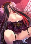  artist_name bare_shoulders black_hair blush breasts butter-t censored collarbone hair_ornament hair_over_one_eye hand_on_own_chest japanese_clothes kejourou_(monster_girl_encyclopedia) kimono large_breasts long_hair looking_at_viewer mole mole_under_eye monster_girl_encyclopedia mosaic_censoring nipples off_shoulder parted_lips pubic_hair pussy smile solo spread_legs squatting sweat very_long_hair 