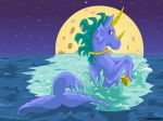  2001 blue_mane blue_skin detailed_background digital_media_(artwork) equine female feral fin hooves horn jewelry mammal moon necklace neopets night official_art peophin sea slash solo unknown_artist venuquin water 
