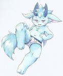  anthro blue_fur blush briefs bulge canine clothing cub fur horn hshmoto male mammal navel open_mouth red_eyes simple_background solo underwear white_background young 