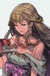  blonde_hair blue_eyes breasts cleavage copyright_request detached_sleeves dress grey_background half-closed_eyes hand_on_own_chest hand_up hankuri long_hair off_shoulder parted_lips sash shiho_(valkyrie_profile) simple_background solo upper_body valkyrie_profile white_dress 
