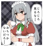  alternate_costume apron blush bokota_(bokobokota) bow bowtie breasts brown_eyes check_translation commentary_request cup dress enmaided eyebrows_visible_through_hair facial_scar gangut_(kantai_collection) green_neckwear grey_hair hair_between_eyes highres kantai_collection large_breasts long_hair looking_at_viewer maid maid_apron maid_headdress red_dress scar scar_on_cheek solo translation_request 