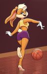  3_toes ball basketball blonde_hair blue_eyes blush buckteeth clothing female gloves hair lagomorph lola_bunny looking_at_viewer looney_tunes mammal open_mouth povy rabbit reflection signature simple_background solo teeth toes warner_brothers 