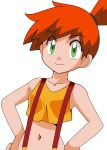  eyebrows eyebrows_visible_through_hair green_eyes hainchu hair_tie hands_on_hips kasumi_(pokemon) md5_mismatch navel orange_hair overalls pokemon pokemon_(anime) pokemon_(classic_anime) red_hair shirt shorts simple_background small_breasts smile yellow_shirt 