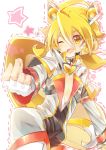  blonde_hair fang fingerless_gloves gloves long_sleeves looking_at_viewer male_focus one_eye_closed open_mouth outstretched_arms rento_(rukeai) saikyou_ginga_ultimate_zero_~battle_spirits~ smile snapping_fingers solo spiked_hair star starry_background white_coat white_gloves yellow_eyes zero_the_glint 