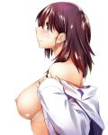  absurdres areolae breasts dress_shirt eisuke_(gobangai_hole_boys) from_side highres large_breasts long_hair looking_at_viewer naked_shirt nipples no_bra off_shoulder open_clothes open_shirt original puffy_nipples purple_eyes purple_hair shirt simple_background sleeves_past_wrists smile solo undressing white_background white_shirt 