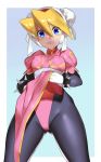  alternate_costume bangs blonde_hair blue_eyes blush bodystocking bracelet breasts bun_cover cameltoe capcom china_dress chinese_clothes chun-li chun-li_(cosplay) ciel_(rockman) cosplay cowboy_shot creator_connection double_bun dress embarrassed eyebrows_visible_through_hair gloves hair_between_eyes headgear jewelry legs_apart looking_down pantyhose puffy_short_sleeves puffy_sleeves rockman rockman_zero sash short_sleeves solo spiked_bracelet spikes street_fighter teeth ukimukai white_gloves 