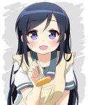  1girl :d agung_syaeful_anwar apron aragaki_ayase black_hair blush commentary_request cooking eyebrows_visible_through_hair feeding food fork grey_background grey_sailor_collar hand_up highres holding holding_fork long_hair looking_at_viewer open_mouth ore_no_imouto_ga_konna_ni_kawaii_wake_ga_nai pov purple_eyes sailor_collar school_uniform serafuku shirt short_sleeves simple_background smile solo white_shirt 