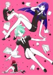  androgynous blue_eyes blue_hair book cairngorm_(houseki_no_kuni) elbow_gloves eyes_visible_through_hair falling gem_uniform_(houseki_no_kuni) gloves green_eyes green_hair grey_hair highres houseki_no_kuni lapis_lazuli_(houseki_no_kuni) long_hair looking_at_viewer mercury multiple_others nagano_rira necktie phosphophyllite pink_background red_hair shinsha_(houseki_no_kuni) short_hair silver_eyes silver_hair white_eyes 