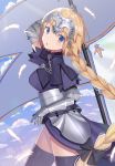  :o arm_up armor armored_dress bad_id bad_pixiv_id bangs black_bow black_legwear blonde_hair blue_eyes blue_sky blush bow braid breasts cloud commentary commission day dress eyebrows_visible_through_hair fate/apocrypha fate/grand_order fate_(series) feathers gauntlets hair_between_eyes hair_bow head_tilt headpiece highres holding izumo_neru jeanne_d'arc_(fate) jeanne_d'arc_(fate)_(all) long_hair looking_at_viewer looking_to_the_side medium_breasts outdoors parted_lips purple_dress sky solo thighhighs very_long_hair 