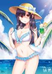  bangs bikini black_hair blush breasts brown_eyes cleavage cover cover_page cowboy_shot cup drinking_glass drinking_straw eyebrows_visible_through_hair frilled_bikini frills futaba-san_chi_no_kyoudai futaba_neiko hat highres holding lens_flare long_hair looking_at_viewer medium_breasts navel ocean official_art palm_tree smile sunlight swimsuit tree tsukudani_norio white_bikini 