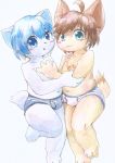  anthro blue_eyes blue_hair blush briefs brown_hair bulge canine chest_tuft clothed clothing cub duo hair hshmoto looking_at_viewer male male/male mammal open_mouth topless tuft underwear young 