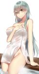  arm_at_side arm_support bangs bare_arms bare_shoulders blush breasts closed_mouth collarbone covering covering_breasts cowboy_shot eyebrows eyebrows_visible_through_hair fingernails green_eyes green_hair groin groin_tendon hair_between_eyes hand_on_own_chest hand_up highres hips kantai_collection large_breasts long_fingernails long_hair looking_at_viewer naked_towel onineko-chan onsen simple_background skindentation smile solo standing steam suzuya_(kantai_collection) towel wading water white_background white_towel 
