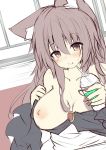  animal_ears blush breasts brooch brown_hair collarbone commentary cup disposable_cup drinking_straw fingernails imaizumi_kagerou jewelry large_breasts long_hair long_sleeves looking_at_viewer mutou_(94753939) nipples one_breast_out red_eyes sketch smile solo touhou window wolf_ears 