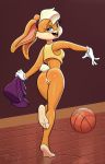  3_toes anus ball basketball blonde_hair blue_eyes blush bottomless buckteeth butt clothed clothing edit female gloves hair lagomorph lola_bunny looking_at_viewer looney_tunes mammal open_mouth povy presenting presenting_pussy pussy rabbit reflection signature simple_background solo teeth toes warner_brothers 