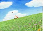  bicycle bicycle_basket bird blue_sky bug butterfly cloud colored_pencil_(medium) day dutch_angle flower ground_vehicle hat insect no_humans original outdoors polar_bear riding sky solo st.kuma traditional_media watercolor_(medium) 