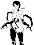  2012 animal_humanoid arthropod big_breasts breasts clothing doomington female hair humanoid long_tongue masturbation monochrome multi_arm multi_limb nipples pubes pussy simple_background solo spider_humanoid standing surprise symbiote tongue tongue_out torn_clothing transformation white_background 