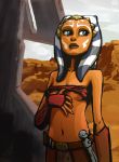  5_fingers ahsoka_tano alien areola_slip belt breasts clone_wars clothed clothing clothing_lift desert facial_markings female fingerless_gloves front_view gloves green_eyes half-length_portrait head_tails humanoid humanoid_hands lightsaber looking_away markings navel nipples not_furry orange_skin outside portrait red_nipples shirt shirt_lift small_breasts solo star_wars togruta tourbillon tube_top under_boob 