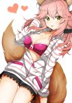  :3 animal_ears blush bra breasts cleavage collarbone fate/grand_order fate_(series) fox_ears fox_tail hand_in_hair heart heart-shaped_pupils highres large_breasts long_hair looking_at_viewer luluhavinera open_clothes open_shirt pink_bra pink_hair shirt simple_background solo striped striped_shirt symbol-shaped_pupils tail tamamo_(fate)_(all) tamamo_no_mae_(fate) tongue tongue_out underwear white_background yellow_eyes 