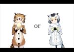  :t absurdres blonde_hair bread breasts brown_coat brown_eyes brown_hair coat commentary cowboy_shot eating eurasian_eagle_owl_(kemono_friends) eyebrows_visible_through_hair food food_in_mouth food_on_face frame fur_collar gloves grey_coat grey_hair head_wings highres holding holding_food kemono_friends long_sleeves looking_at_viewer multicolored_hair multiple_girls northern_white-faced_owl_(kemono_friends) onigiri pantyhose rice rice_on_face tail_feathers tamiku_(shisyamo609) white_background white_gloves white_hair white_legwear yellow_gloves 